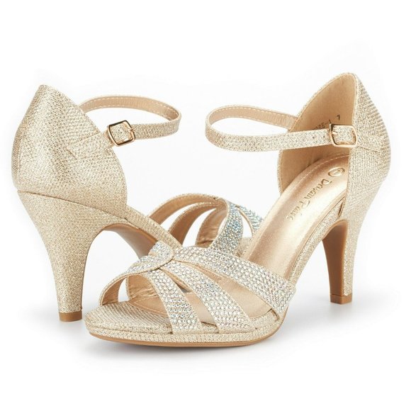 Women's Ankle Strap Stolettos Low Heel Sandals Open Toe Dress Shoes-GOLD - Picture 3 of 5